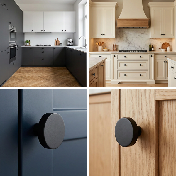 Collage verschiedener Küchenstile mit runden, schwarzen Möbelknöpfen