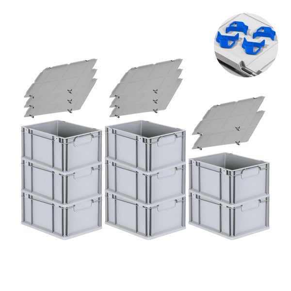 PROREGAL Spar Set 8x Eurobox Nextgen Economy Mit Auflagedeckel & 4x Schiebeschnappverschlüsse Blau Griffe Geschlossen HxBxT 22 x 30 x 40 cm 20 Liter