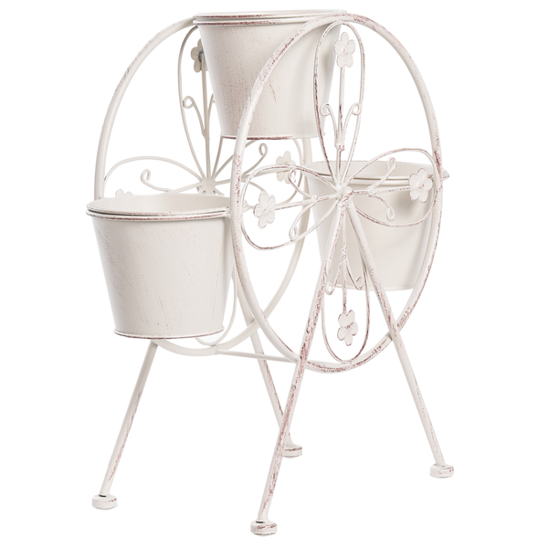 Vintage-Pflanzenständer aus Metall in Riesenrad-Optik mit drei Blumentöpfen.
