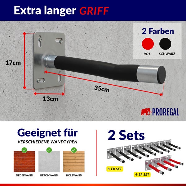 Proregal Wandhalterung mit Griff, 35 Zentimeter lang, für verschiedene Wandtypen geeignet, als 4er oder 8er Set in zwei Farben erhältlich.