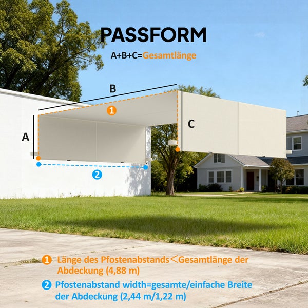 Infografik zur Passform einer beigen Abdeckung mit Maßangaben für die Gesamtlänge und den Pfostenabstand in einem Garten vor einem Haus.