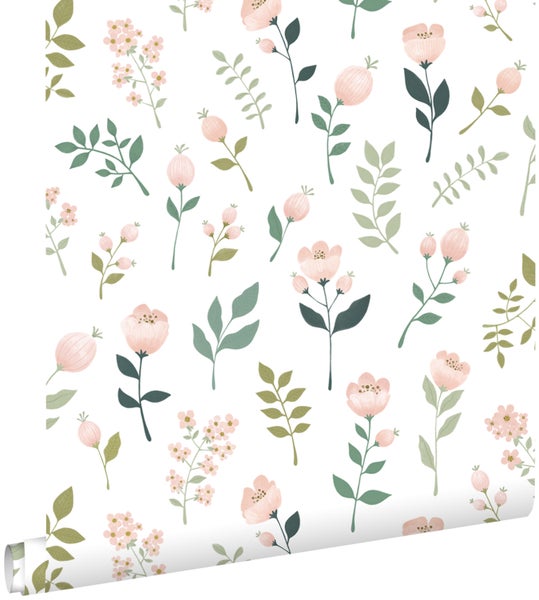 ESTAhome Tapete Blumen Weiß, Rosa und Grün - 0,53 x 10,05 m - 139339