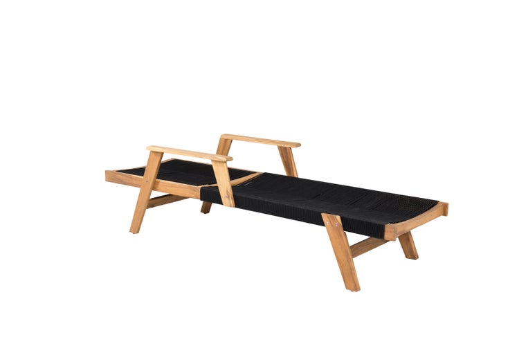 Gartensonnenliege aus Holz mit schwarzer Seilbespannung