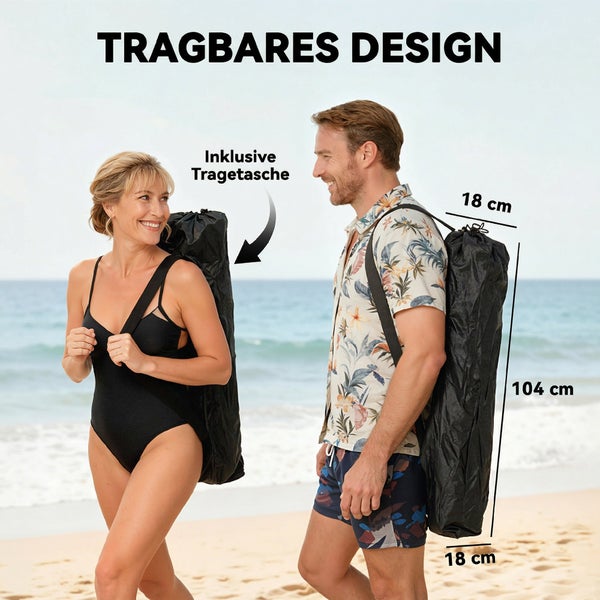 Tragbares Design: Strandliege in der Tragetasche mit Schultergurt, Maße 104 Zentimeter mal 18 Zentimeter, ideal für den Transport zum Strand.