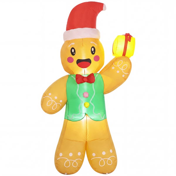 Aufblasbarer LED Lebkuchenmann mit Weihnachtsmütze und Geschenk als Weihnachtsdeko für den Außenbereich