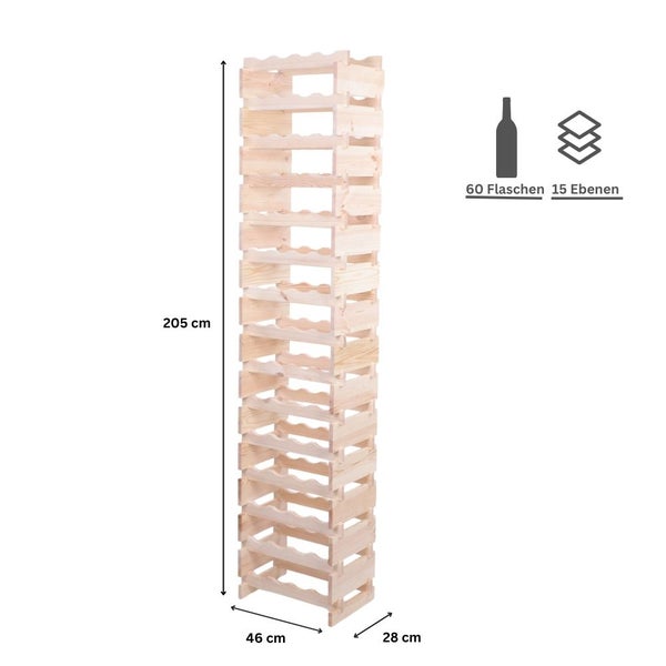 Weinregal VINOTECA FLEX PRO HxBxT 205x46x28cm 60 Flaschen auf 15 Ebenen Massives Kiefernholz Natur unbehandelt