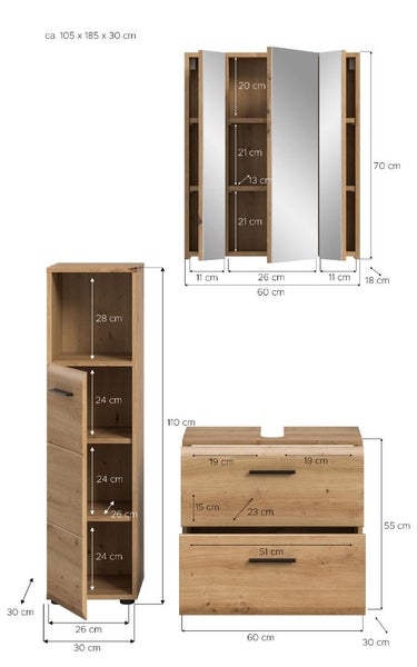Modernes Badezimmermöbel Set in heller Holzoptik mit Spiegelschrank, Hochschrank und Waschbeckenunterschrank inklusive Maßen in Zentimeter.