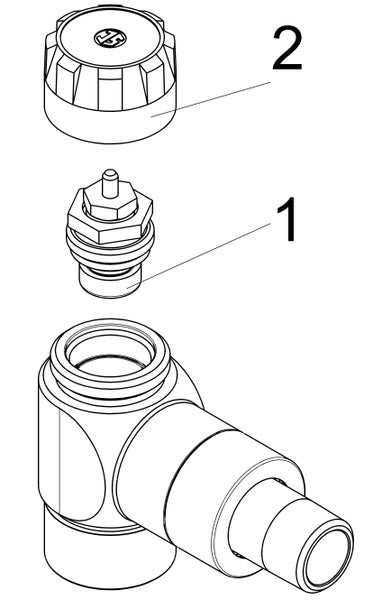 Technische Zeichnung eines Heizkörperventils mit Ventilunterteil, Ventileinsatz 1 und Bauschutzkappe 2.
