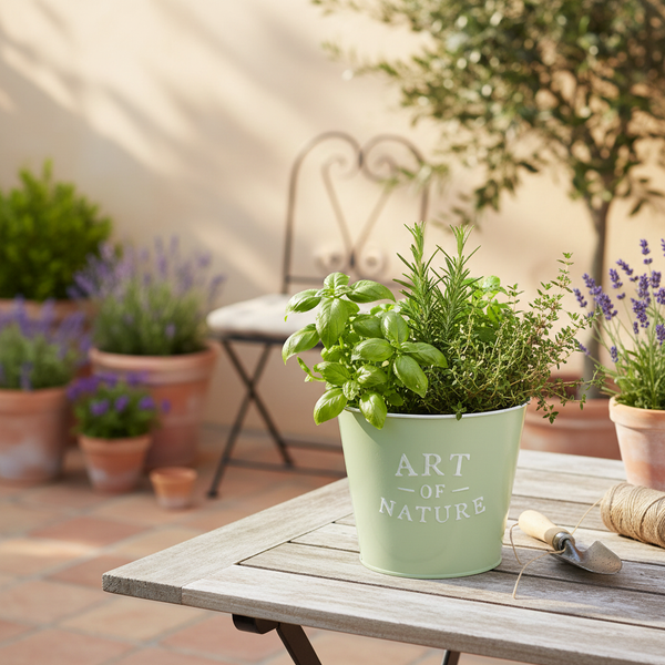 Kräutertopf mit Aufschrift Art of Nature, Basilikum und Rosmarin in einem grünen Metalleimer auf einem hölzernen Gartentisch im hellen Garten.