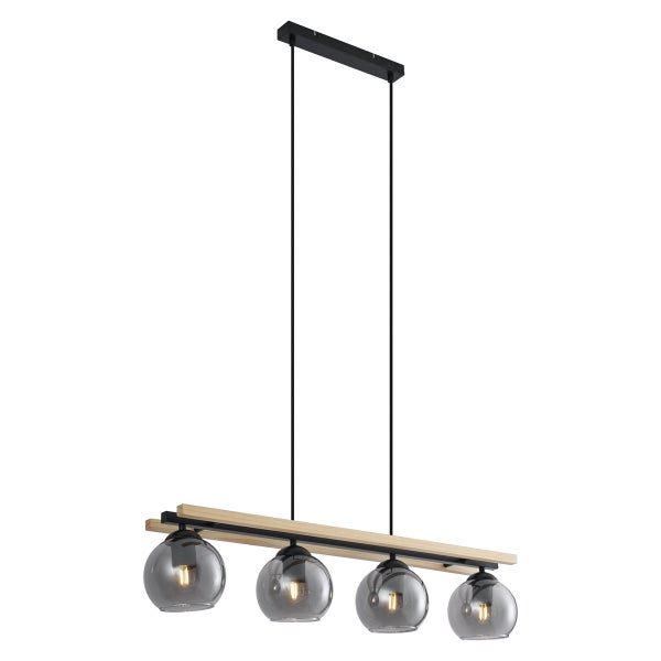 Vierflammige Pendelleuchte mit Holzleiste und gläsernen Kugelschirmen für eine moderne Innenbeleuchtung.