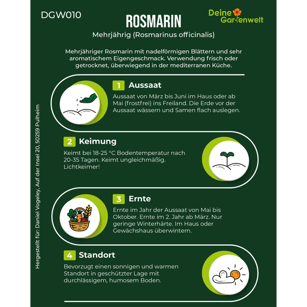 Infografik zum Anbau von Rosmarin Rosmarinus officinalis mit Tipps zu Aussaat, Keimung, Ernte und Standort sowie Deine Gartenwelt Logo.