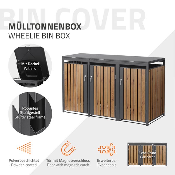 Mülltonnenbox für drei Tonnen, pulverbeschichtetes Stahlgestell mit Holzlatten in Eiche Dekor, Deckel, Magnetverschluss und erweiterbar.