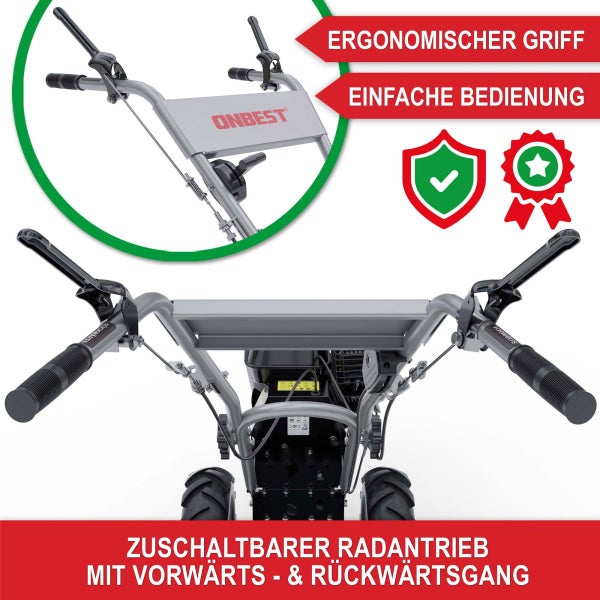 Ergonomische Griffe und Bedienpanel einer Onbest Motorhacke mit Radantrieb für Vorwärts- und Rückwärtsgang. Onbest Logo. Geprüfte Qualität.