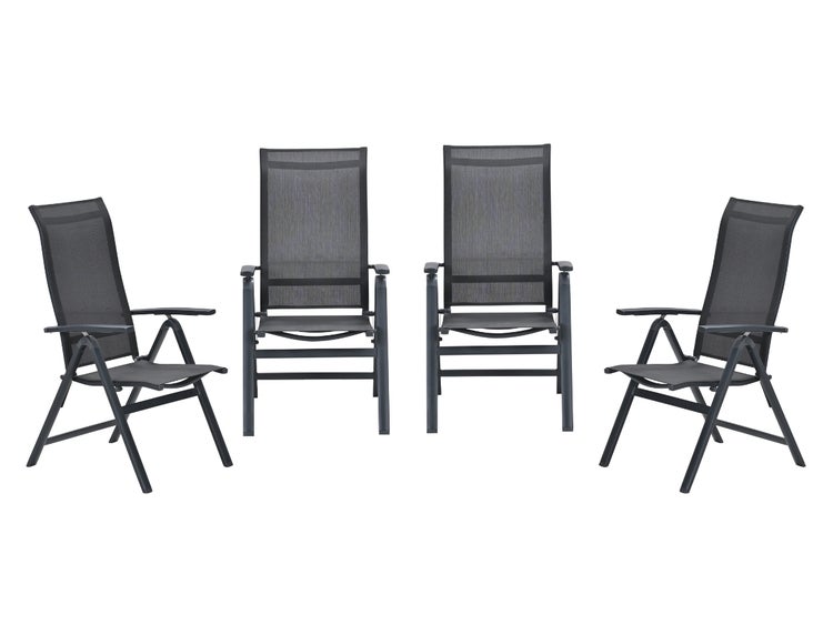 Vier anthrazitfarbene Gartenklappsessel mit Aluminiumgestell und Textilbespannung.