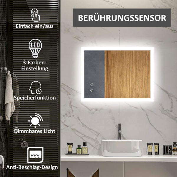 kleankin Badspiegel, Badezimmerspiegel mit LED-Beleuchtung, Lichtspiegel mit Touchschalter, Memory-Funktion, 80 x 60 cm beschlagfreier Wandspiegel mit 3 Lichtfarben, IP44 Wasserdicht