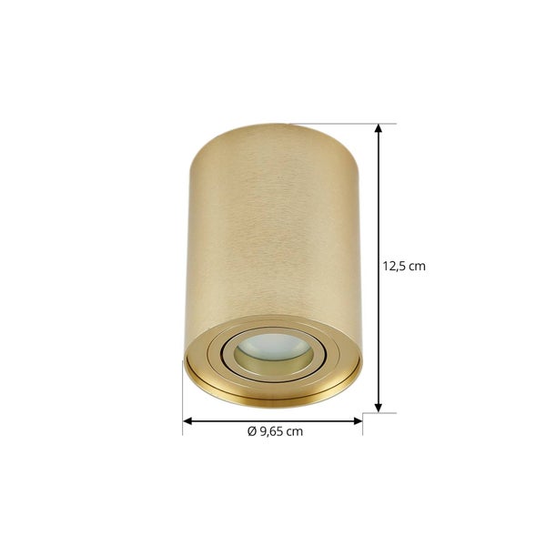 Goldener zylindrischer Aufbaustrahler aus Metall mit Maßen: Durchmesser 9,65 Zentimeter und Höhe 12,5 Zentimeter.