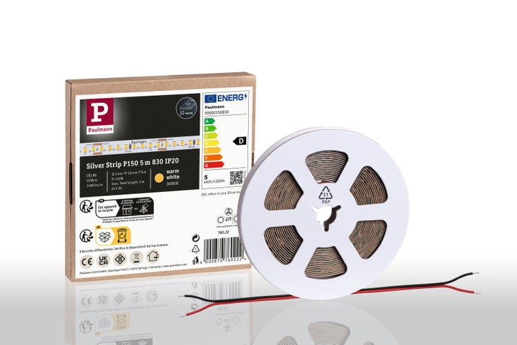 Paulmann LED-Streifen Silver Strip P150, 5 Meter, warmweiß, auf einer Spule mit Verpackung inklusive Energielabel und technischen Daten.