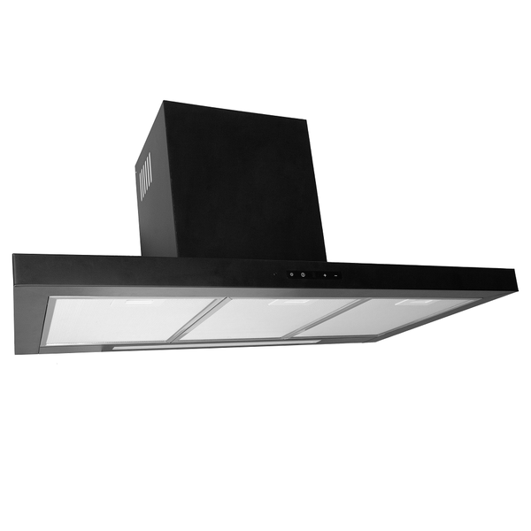 Wanddunstabzugshaube in Schwarz mit drei Metallfettfiltern und Touch-Bedienfeld.