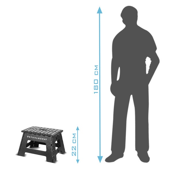 Klapphocker von Stahlwerk mit einer Höhe von 22 Zentimetern im Größenvergleich zu einer Person mit 180 Zentimetern Körpergröße.