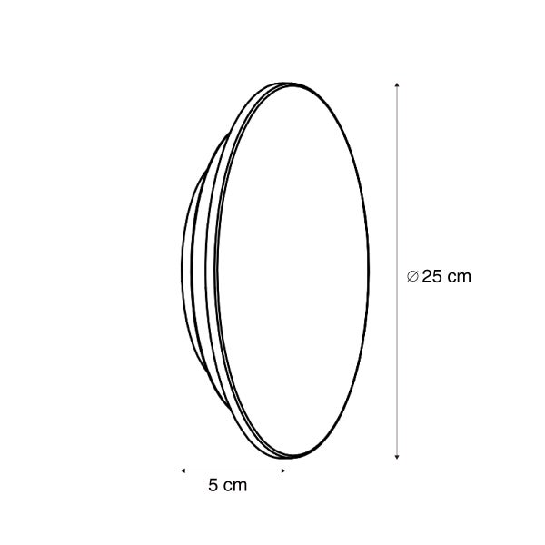 Masszeichnung einer runden Leuchte mit einem Durchmesser von 25 Zentimeter und einer Tiefe von 5 Zentimeter.