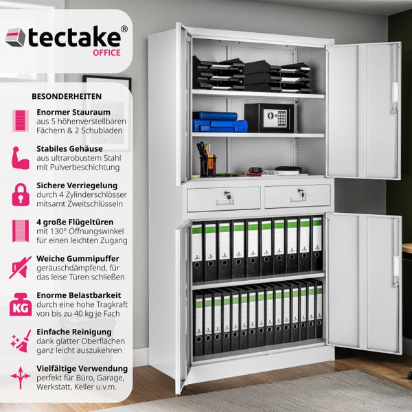 Aktenschrank tectake  180 x 80 x 40 cm aus pulverbeschichtetem Stahl hellgrau