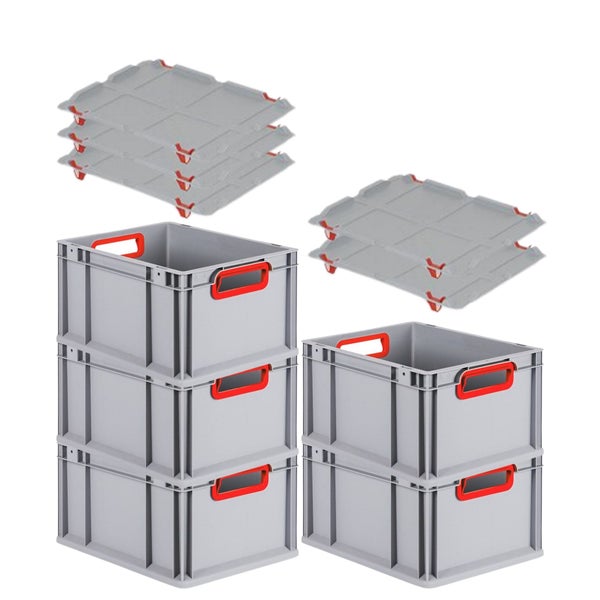 PROREGAL Spar Set 5x Eurobox Nextgen Color Mit Auflagedeckel & Schiebeschnappverschlüsse HxBxT 22 x 30 x 40 cm Griffe Rot Offen Glatter Boden