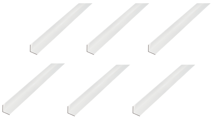 Set aus sechs L-Profilen aus Kunststoff für den Innenausbau und Kantenschutz.