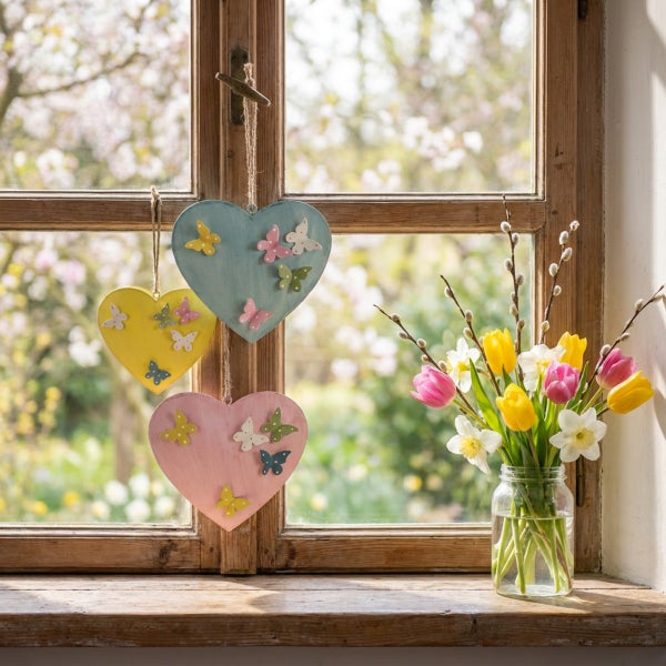 Drei herzförmige Holzanhänger mit Schmetterlingsdekor hängen vor einem rustikalen Holzfenster neben einer Glasvase mit Frühlingsblumen.
