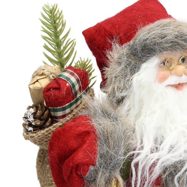 ECD Germany Weihnachtsmann Deko-Figur, 37 cm hoch, rot/grauer Mantel, grüner Hose, mit Geschenkesack, Santa-Claus Figur Winterdeko Weihnachten Stehende Figur Winter Dekoration Nikolaus Weihnachtsdeko