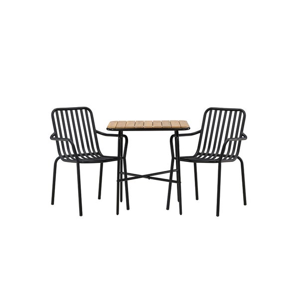 Gartenset mit einem Tisch und zwei Stühlen aus Metall und Holz