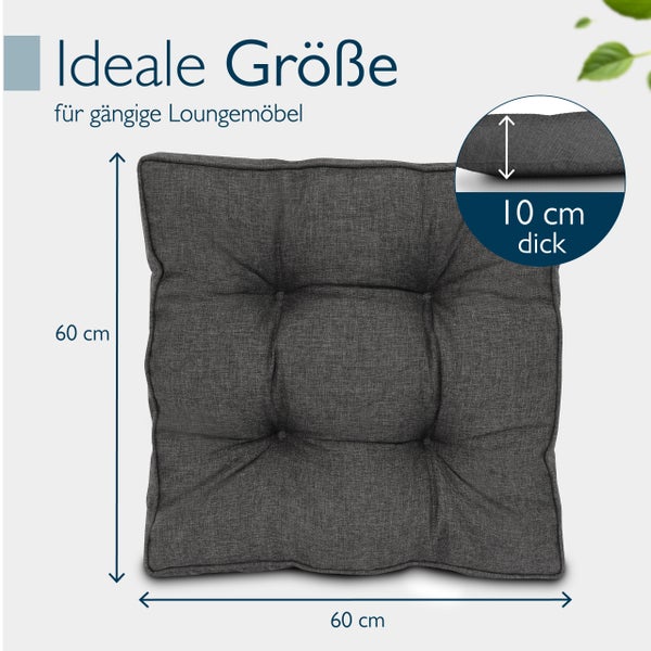 Quadratisches Loungemöbel Sitzkissen mit 60 mal 60 Zentimeter Seitenlänge und 10 Zentimeter Dicke.