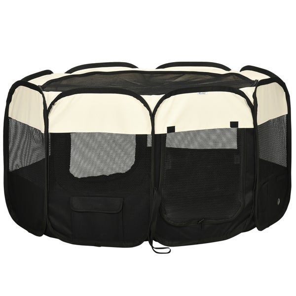 PawHut Welpenlaufstall, 118L x 118B x 62H cm, Stahl, Oxfordstoff (100% Polyester), Netzstoff, Cremeweiß+Schwarz