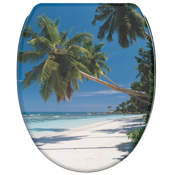 WC-Sitz mit Motiv eines tropischen Strandes mit Palmen und Sand