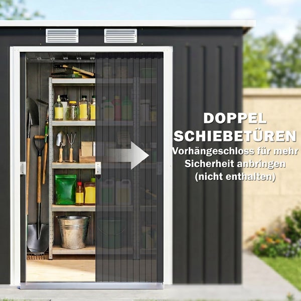 Vorgebohrte Grundplatte eines Metallpfostens mit Spreizschraube für Beton und Erdspieß für Rasen.