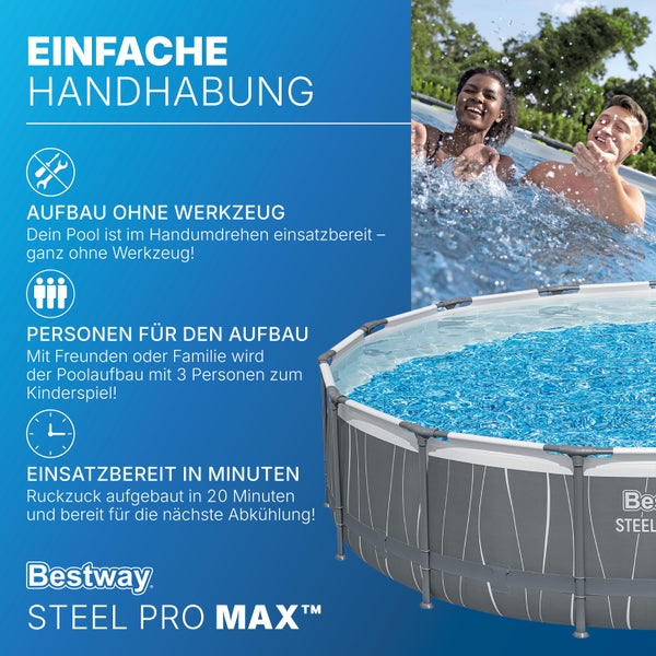 Bestway Logo. Bestway Steel Pro MAX Pool. Merkmale: Werkzeugloser Aufbau, Montage durch drei Personen, einsatzbereit in zwanzig Minuten.