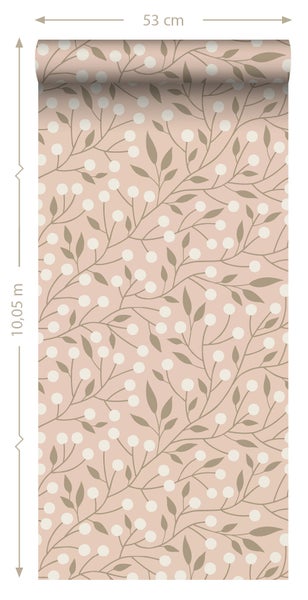 Tapetenrolle mit Blätter- und Beerenmuster, 53 cm breit und 10,05 m lang