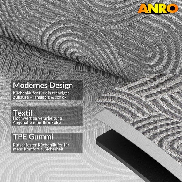 Detailansicht eines Küchenläufers mit Textiloberfläche und TPE Gummi Unterseite sowie ANRO Logo.