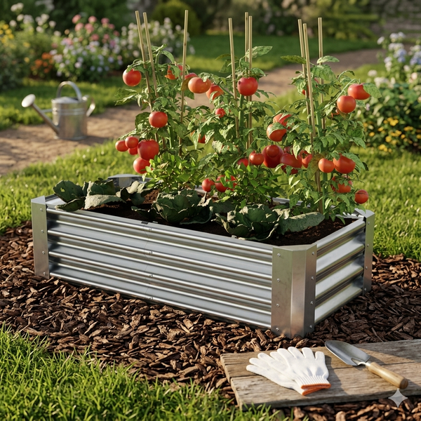 Rechteckiges Hochbeet aus Wellblech mit Tomatenpflanzen und grünem Blattgemüse in einem sonnigen Garten.
