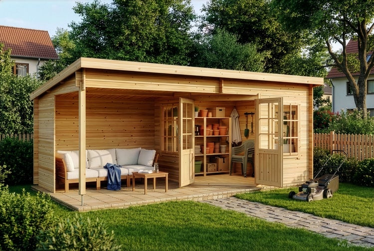 Holzgartenhaus mit integrierter Terrasse, Sitzgruppe, Regalen und Rasenmäher im Garten, ideal als Gartenlounge oder Stauraum genutzt.