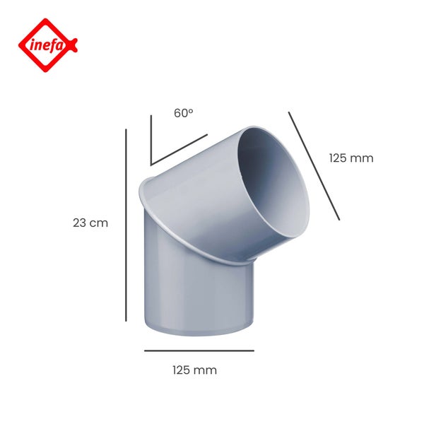 Inefa Logo, grauer Rohrbogen aus Kunststoff mit einem Winkel von 60 Grad, Durchmesser 125 Millimeter, Höhe 23 Zentimeter.