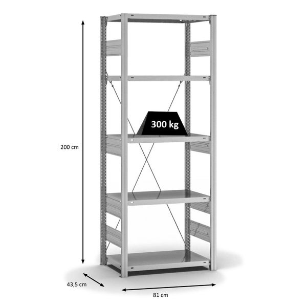 PROREGAL Fachbodenregal Stecksystem T-Profil Heavy-Duty Grundregal HxBxT 200 x 75 x 40 cm 5 Ebenen Fachlast 300 kg Einseitig Nutzbar Verzinkt