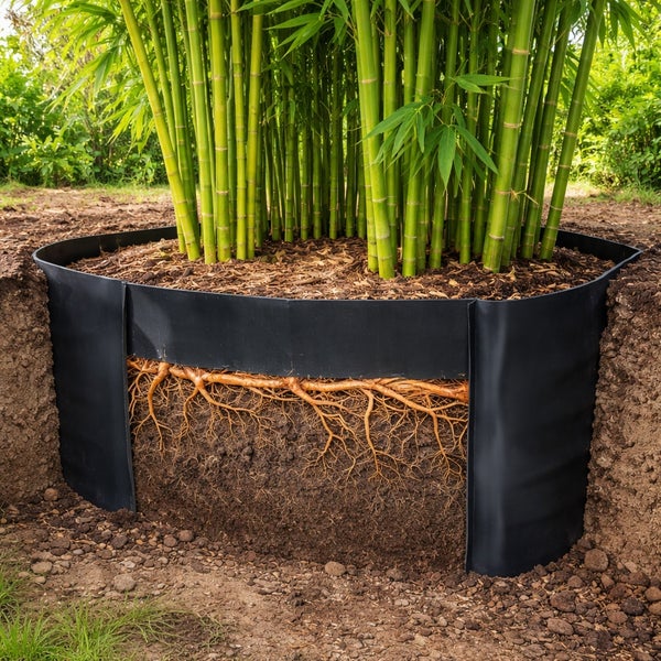 Bambus mit Wurzelsperre im Garten, die Wurzeln sind sichtbar
