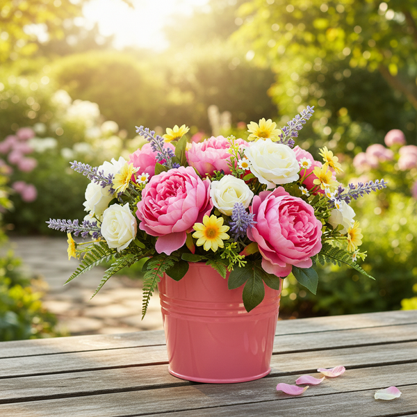 Künstliches Blumengesteck mit rosa Pfingstrosen, weißen Rosen, gelben Gänseblümchen und Lavendel in einem rosa Metalleimer auf einem Holztisch.