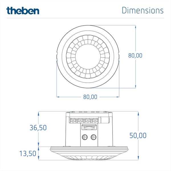 Theben 1030052 LUXA 103 S360-100-12 DE-UP WH I PIR I Passiv Infrarot Präsenzmelder I 360° Erfassungsbereich I 1 Kanal I Unterputz I Bis 400W LED I 230 V