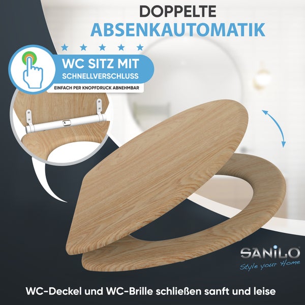 WC-Sitz in Holzoptik mit doppelter Absenkautomatik für leises Schließen und Schnellverschluss zur einfachen Abnahme per Knopfdruck. Sanilo Logo.