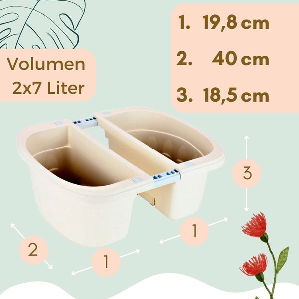 Eimer mit zwei Fächern und Maßangaben.