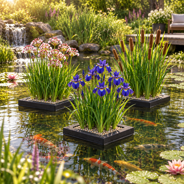 Schwimminseln für Teichbepflanzung mit blühenden Wasserpflanzen und Schwertlilien in einem Gartenteich mit Kois