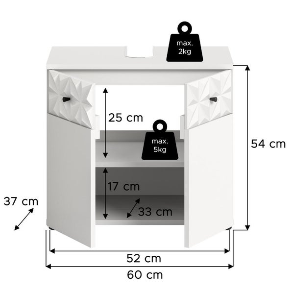 Waschtischunterschrank mit Maßen: Breite 60 Zentimeter, Höhe 54 Zentimeter, Tiefe 37 Zentimeter. Belastbarkeit maximal 2 und 5 Kilogramm.
