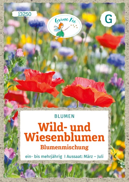 Samentüte Grüne Fee Wild- und Wiesenblumen Blumenmischung, ein- bis mehrjährig, Aussaat von März bis Juli. Grüne Fee Logo.