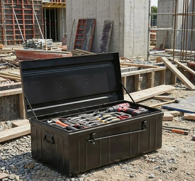 Geöffnete Werkzeugkiste aus Metall mit Werkzeugen auf einer Baustelle